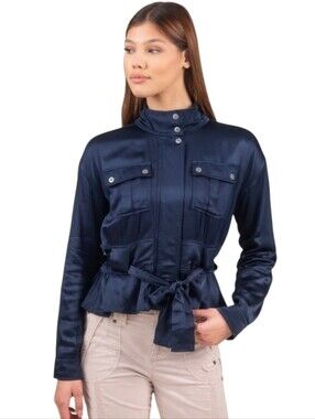 Marrakech Ellis Silky Satin Utility Jacket In Sapphire Size Small